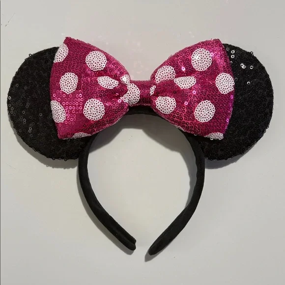 Disney Sequin Minnie Ear Headband with Hot Pink Polka Dot Bow