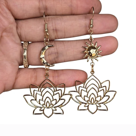 Sun Moon Lotus Dangle Boho Earrings Statement Jewelry Celestial Boheme