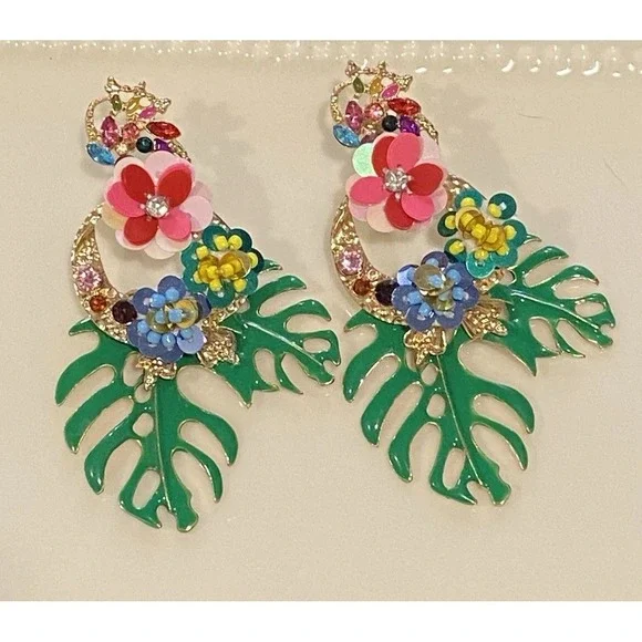 Vintage Flowers and Palm Leaf Drop Pierced Earrings 3.5 Inches Long Multi-color