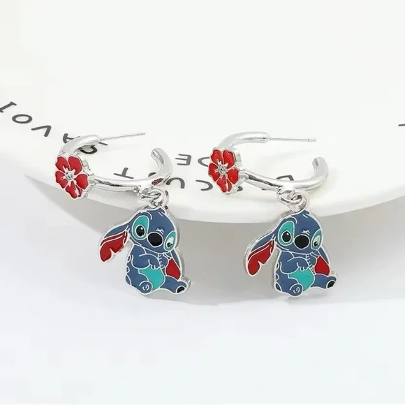 $24 or 3 For 35 Disney Stitch Hawaiian Flower Enameled Character Hoop Earrings