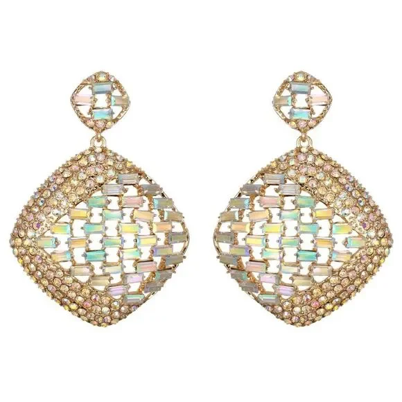 Yellow Gold with Iridescent AB Austrian Crystal Rhombus Chandelier Post Earrings