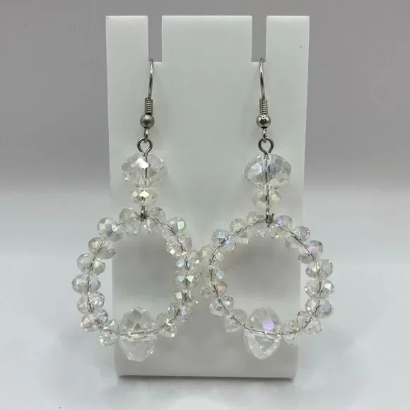 Clear Crystal Beaded Hoop Drop Earrings Statement Jewelry