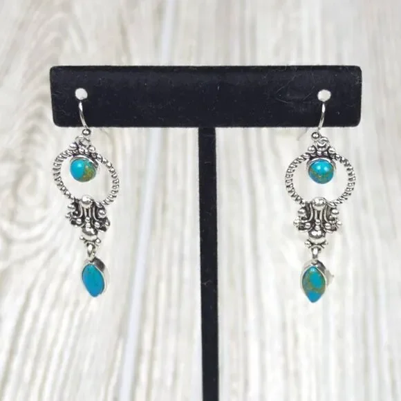 Womens Silver Tone & Turqouise Stone Dangle Wire Earrings Blue 1.5