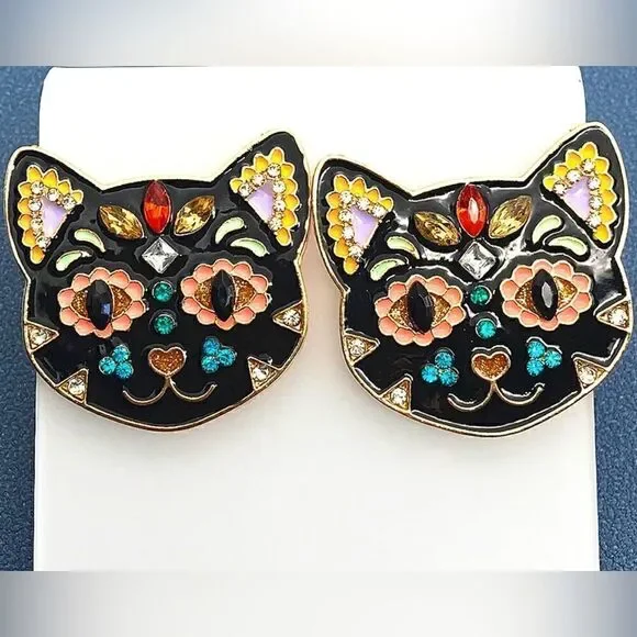 EARRINGS! Betsey Johnson Kitty Kat Rhinestone and Steel Stud Earrings BNWT