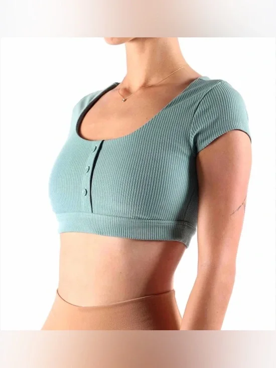 ALO YOGA Blissful Henley Bra Top - Soft Seagrass, SMALL NWOT
