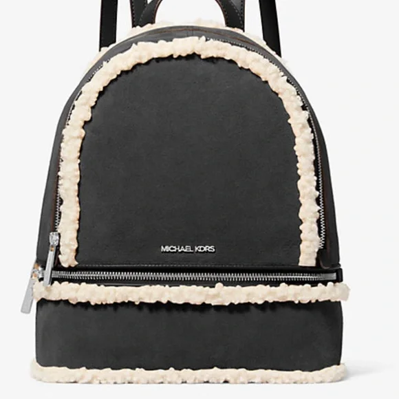 MICHAEL KORS Rhea Medium Suede and Faux Shearling Backpack Black NWT