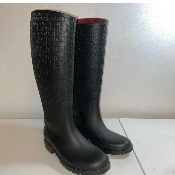 Tommy Hilfiger Black Women's Rain Boots‎ Textured Monogram READ