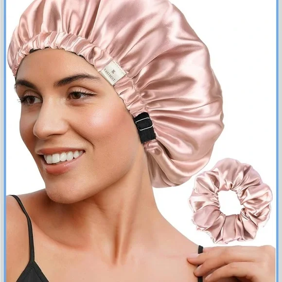 Silky Satin Hair Bonnet and Scrunchie Set - Pink