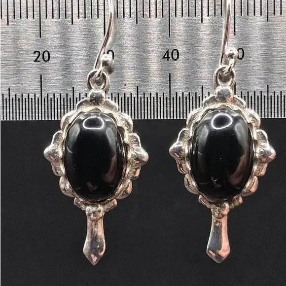 Black Onyx Dangle Earrings, 925 Sterling Silver, Vintage Art Deco Style