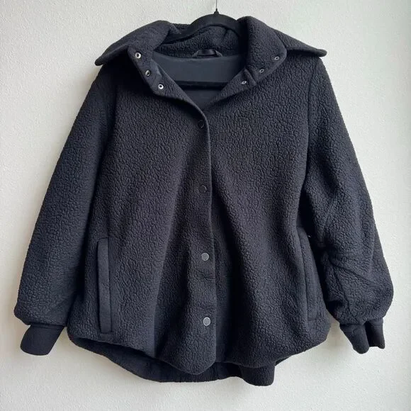 Alo Black Sherpa Snap Button Cozy Relaxed Oversized Teddy Coat Size Medium/Large