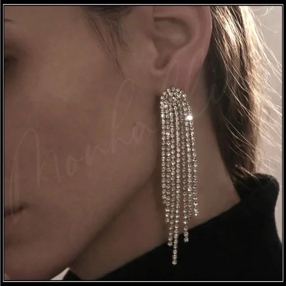 NEW GOLD SIMULATED DIAMOND LONG WATERFALL MULTI STRAND STONE EARRINGS