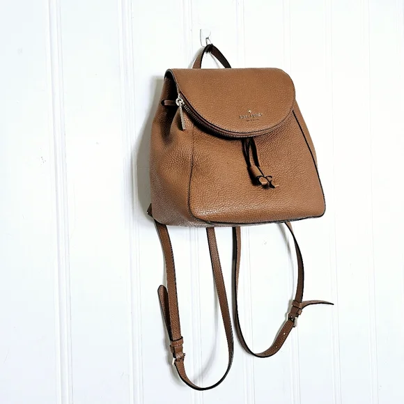 Kate Spade Leila Brown Pebbled Leather Backpack Gingerbread Drawstring Bag
