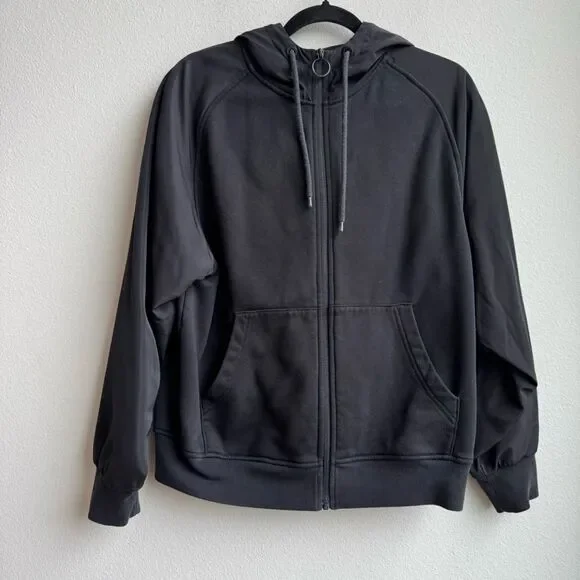 Alo Black Full Zip Hooded Cozy Relaxed Oversized Nylon Coat Size Medium/Large