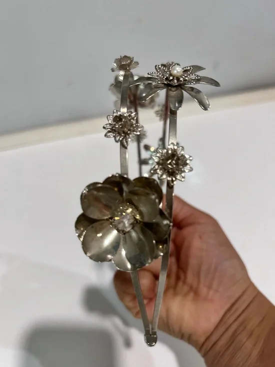 Silver Floral Metal Headband with Pearl Accents