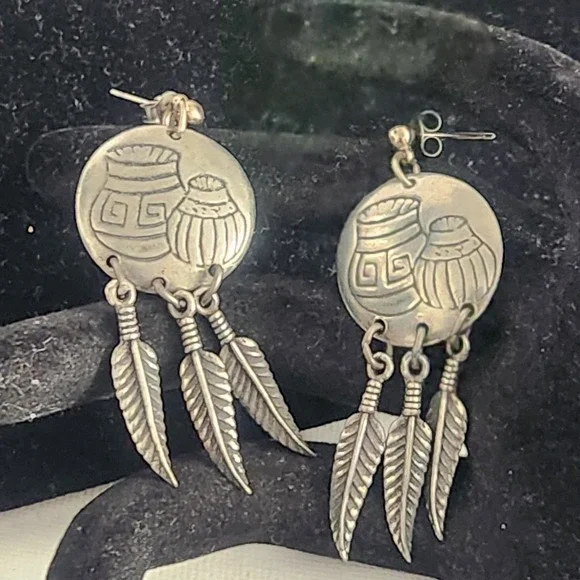 Southwestern Etched Pottery and Feather Dangle Post Earrings Silver Tone