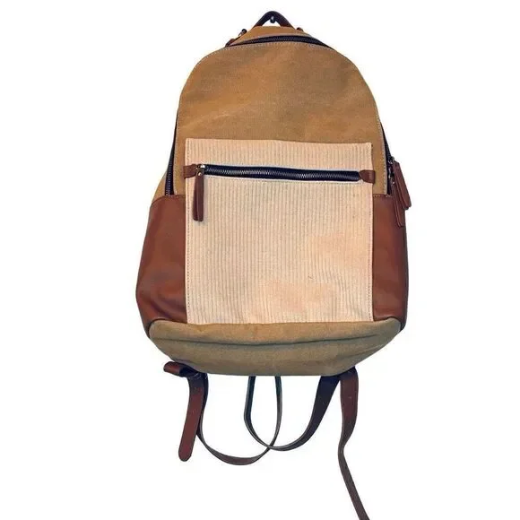 Madison West Colorblock Ribbed Trim Canvas & Vegan Leather Backpack Brown OS
