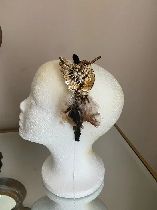 NWOT Handmade Beaded Gold & Brown Hummingbird Feather Headband