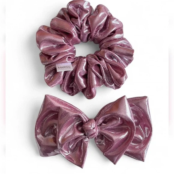 HANDMADE Shiny Pink Hair Scrunchie and Bow Set