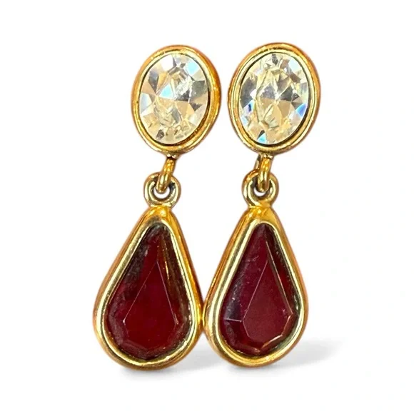 Vintage Monet Red & Clear Rhinestone Crystal Dangle Drop Pierced Earrings