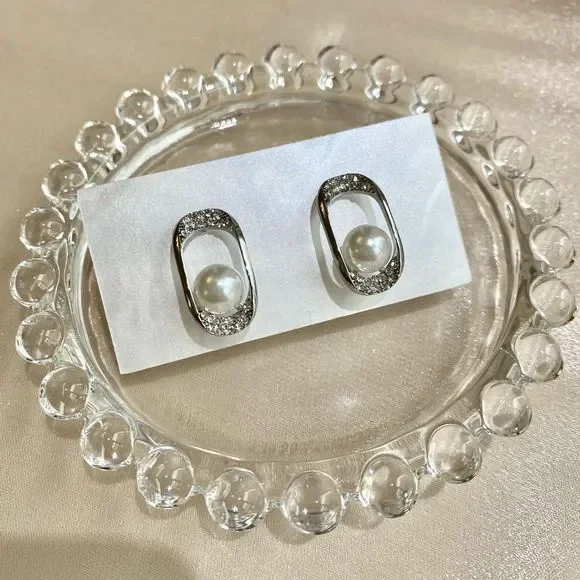 Square Frame CZ Pearl Silver Earrings Studs