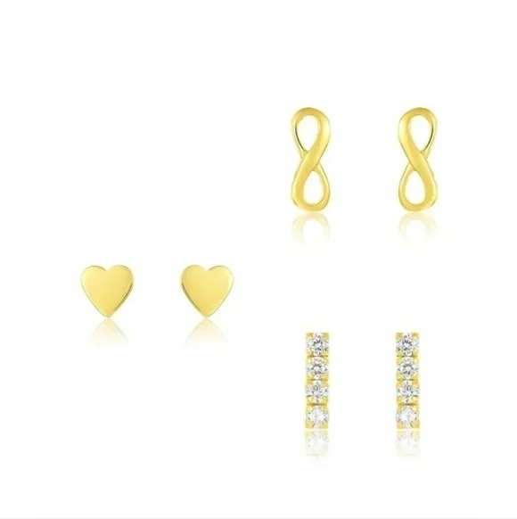 14K Gold Sterling Silver Heart, Infinity, & CZ Bar Stud Earrings