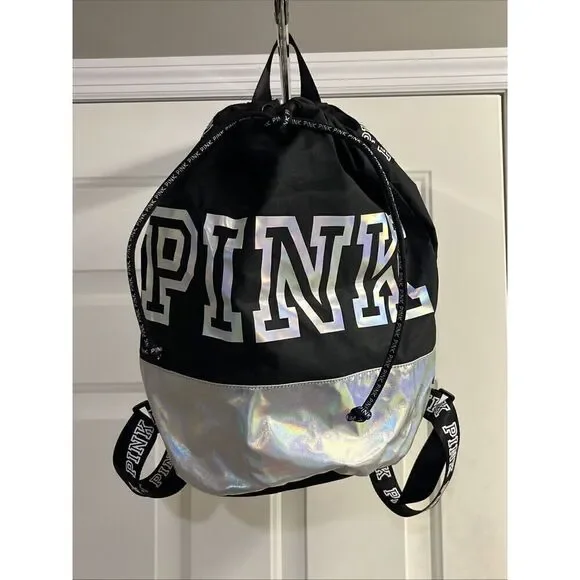 PINK Victoria's Secret Cinch Drawstring Large Back Pack Black/Silver NWOT
