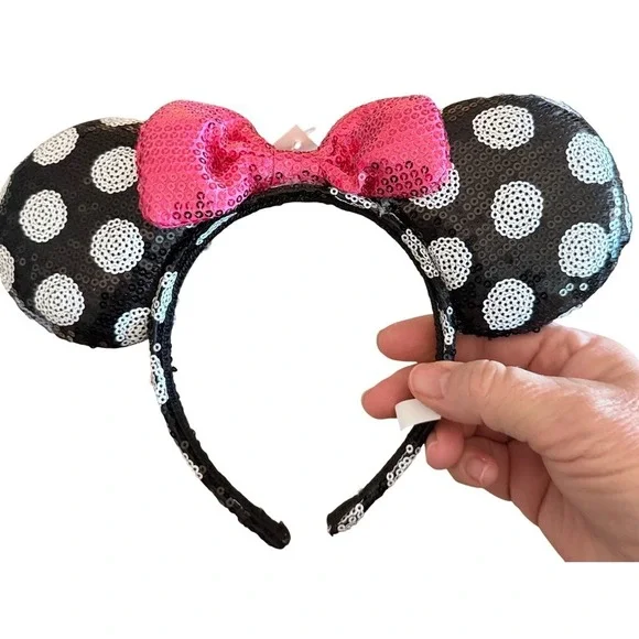 Disney Minnie Mouse Ears Headband Women Black Pink Sequin Polka Dot