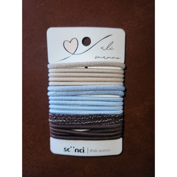 Scunci Ali Manna 18 pack Elastic Hair‎ Ties Brown/Blue/Tan Neutral Colors~NEW~