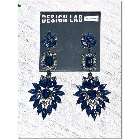 Design Lab Lord & Taylor Midnight Blue Crystal Cluster Dangle Earrings NWT