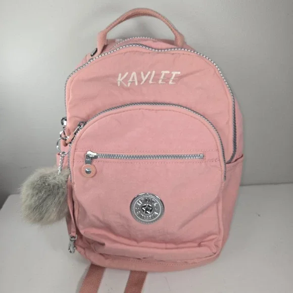 Kipling Pink Nylon Small Backpack Kaylee Embroidery Pom Pom Keychain Bag