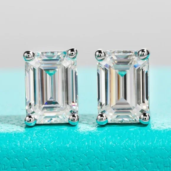 Certified 4ct. t.w. Moissanite Diamond Emerald Cut Stud Earrings NEW