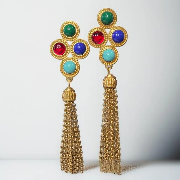 Etruscan Mogul Gold Glass Cabochon Long Chain Tassel Earrings