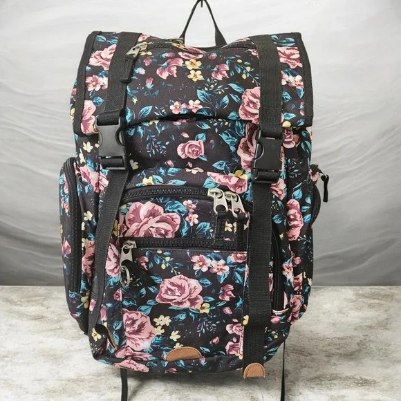 High Sierra Backpack Floral Rose Print Large Black Multi Pocket School Bag