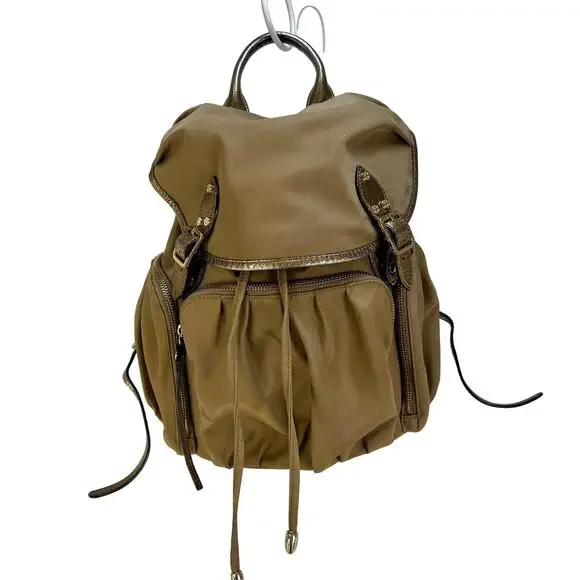 MZ Wallace Marlena Bedford Nylon Drawstring Backpack Tan Metallic Leather Trim