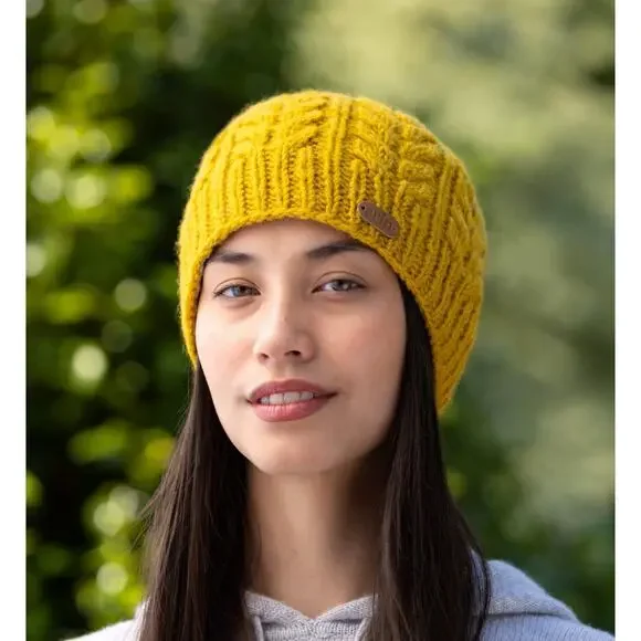 ERIN Irish Wool Aran Cable-Knit Beanie in Mustard Yellow w Gray Fleece Lining OS
