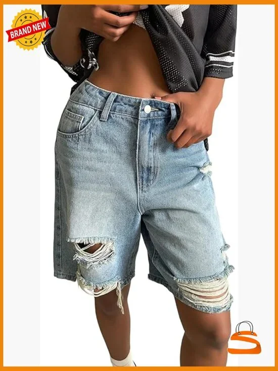 High Waisted Ripped Jean Shorts Baggy Bermuda Long Denim Jorts