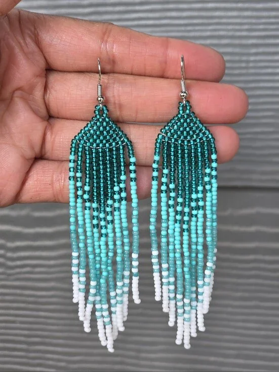 Azure Ombre Beaded Earrings Boho Fringe Handmade Jewelry