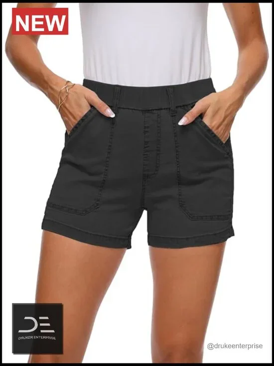 Lightweight Denim Shorts High Waisted Elastic Waist Pockets Casual Baggy Beach