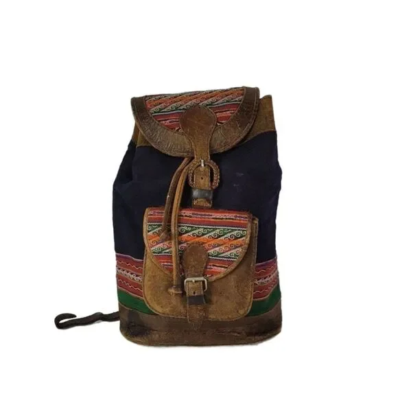 Vintage BHL Leather Ethnic Aztec Woven Wool Backpack