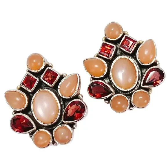 Signed Nicky Butler Sterling Silver Peach Moonstone Garnet Clip On Earrings Y2K
