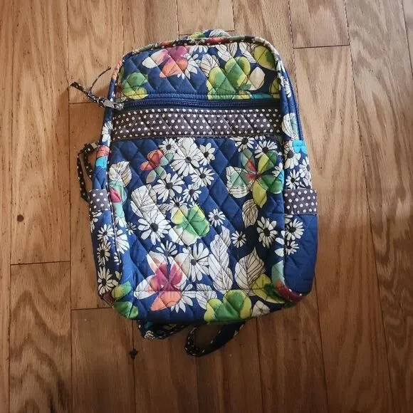 Quilted Backpack Womens Navy Blue‎ Floral Polka Dot Zipper Boho