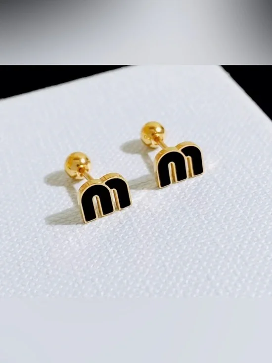 Gold & Black M Letter Stud Earrings