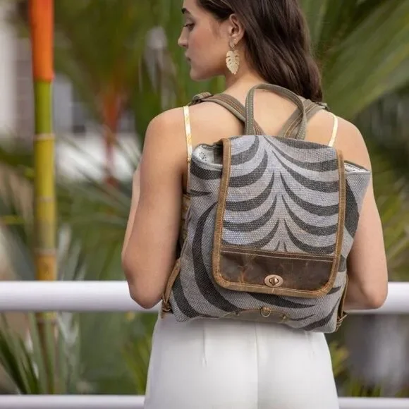 Myra Bag Handmade Grey Backpack Upcycled Canvas & Cowhide Leather