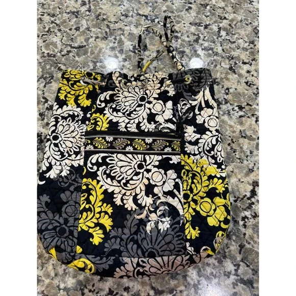 Vera Bradley Provencal Quilted Drawstring Backpack Yellow Black Floral Damask