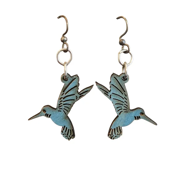 NWT - Handmade Wooden Blue Hummingbird Earrings