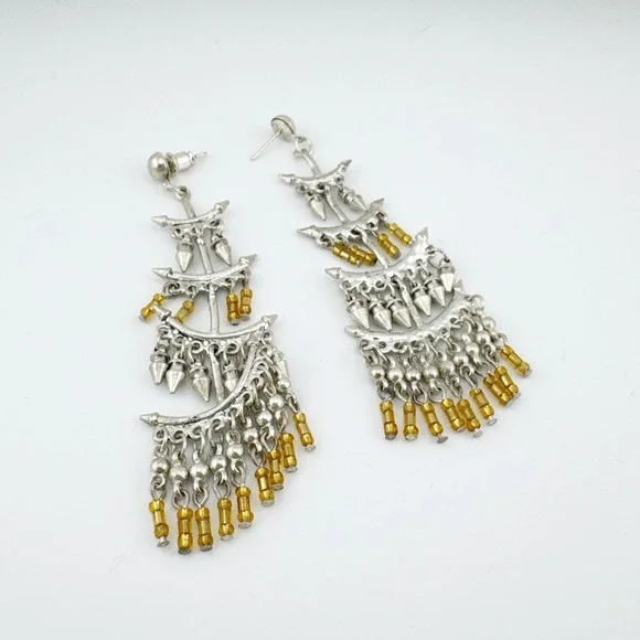 Vintage Silver and Gold‎ Beaded Chandelier Earrings Yellow Beaded