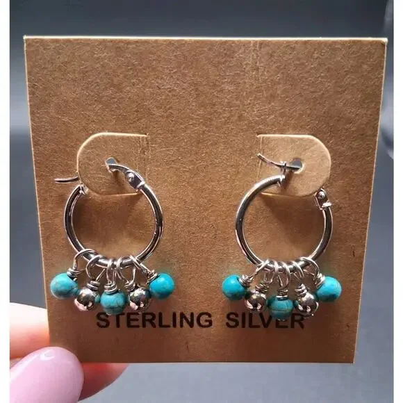 Sterling Silver Beads & Howlite Hoop Earrings, 925 SS, Southwest Design
