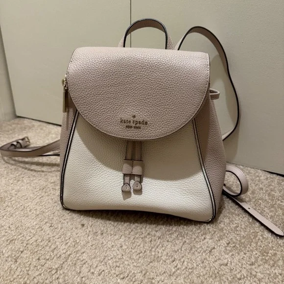 Kate Spade Leila Backpack Pebbled Leather Beige White Womens Bag
