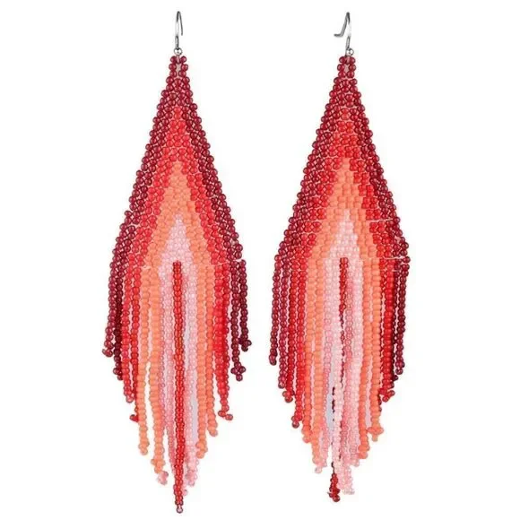 Red Bohemian Seed Bead Tassel Dangling Statement French Wire Hook Earrings