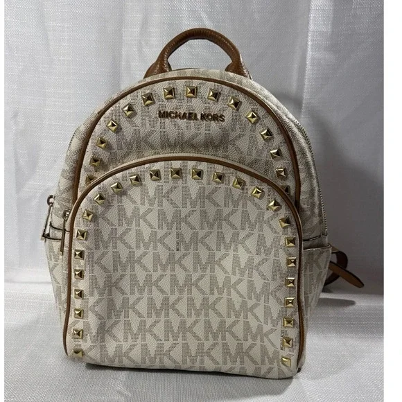 Michael Kors Abbey Medium Studded Backpack Vanilla MK Signature Logo Bag